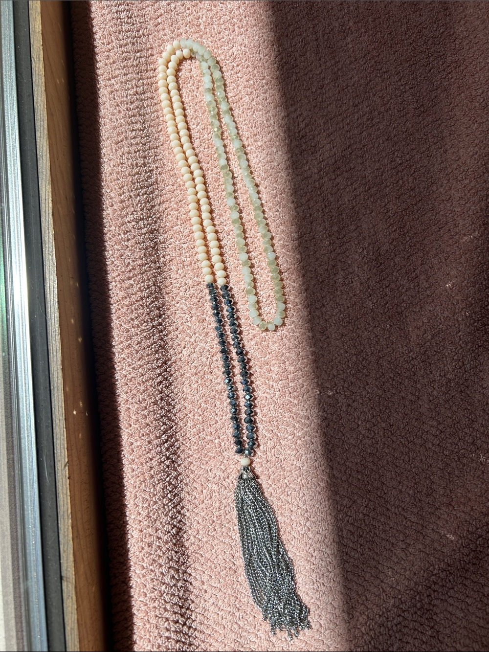 Long Beaded Tassel Necklace in Cream, Pale Green and Gunmetal